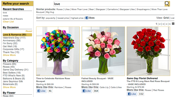 FTD.com Search Inlcudes Facebook Likes