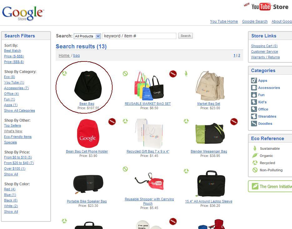 googe commerce search - bag